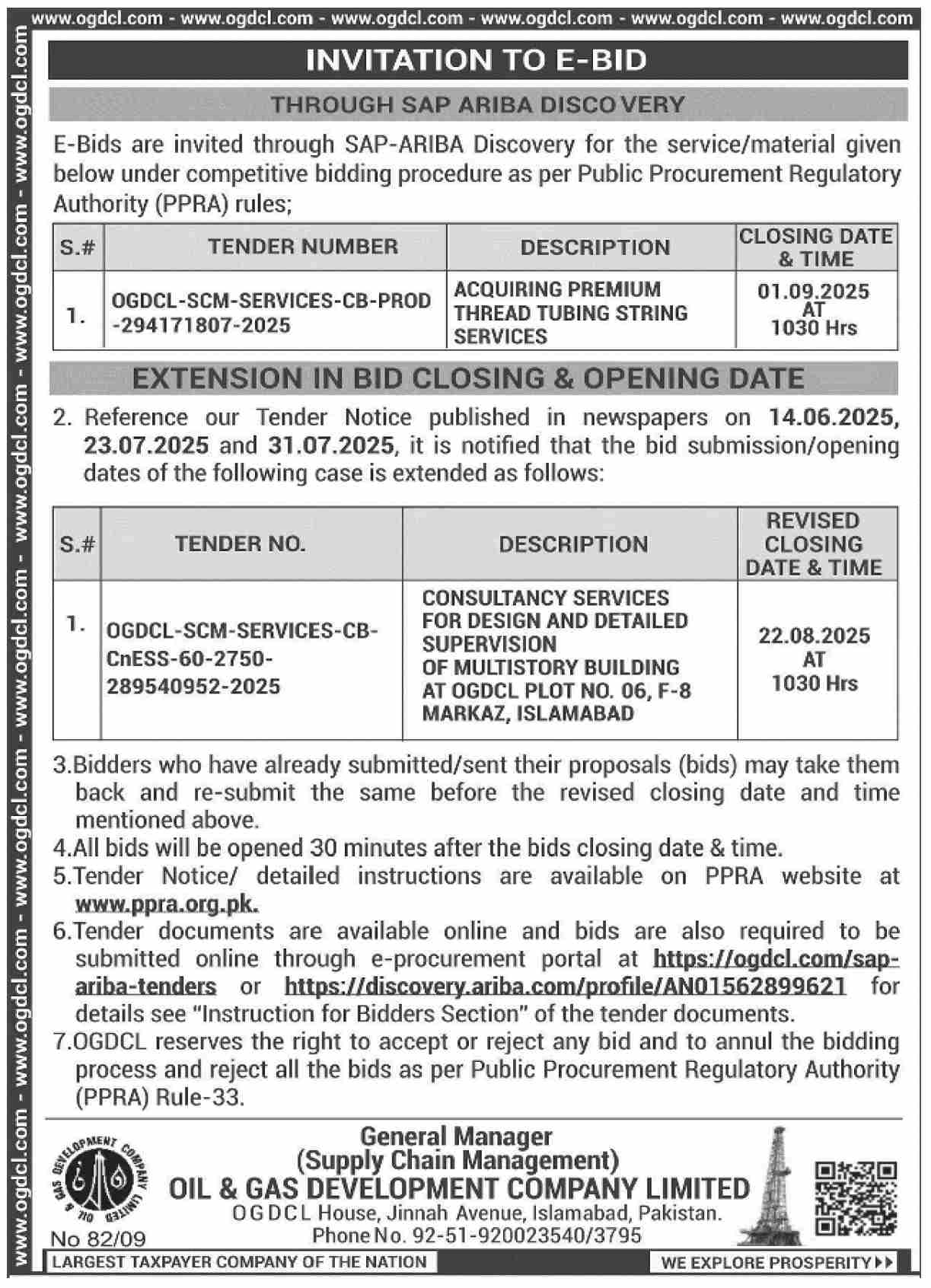 Oil & Gas Development Company Limited Islamabad Tender Notice
